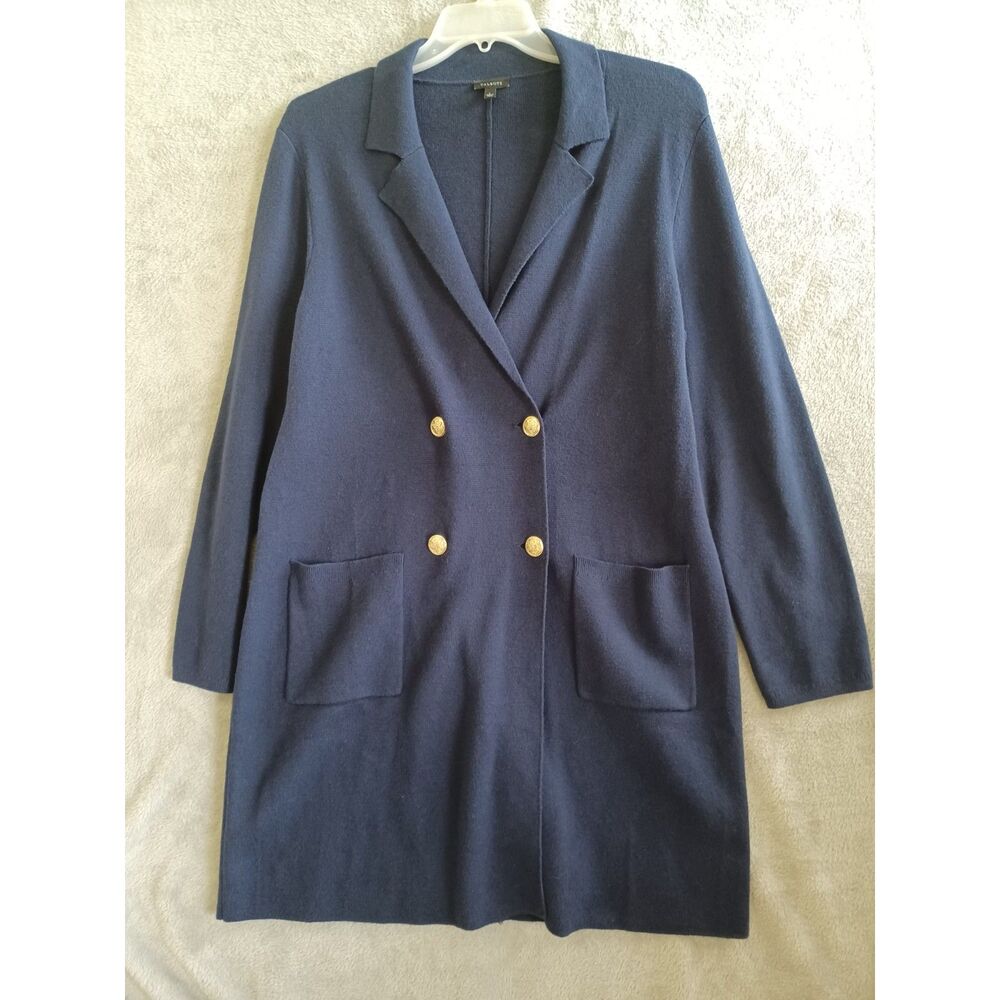 Talbots Lg Coatigan Duster Sweater Double Breasted Navy Gold Buttons Office Prep